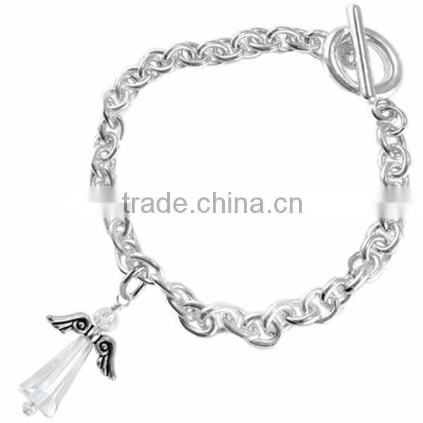 Silver Tone Winged And Genuine Aurora Borealis Crystal Angel Charm Chain Link Bracelet