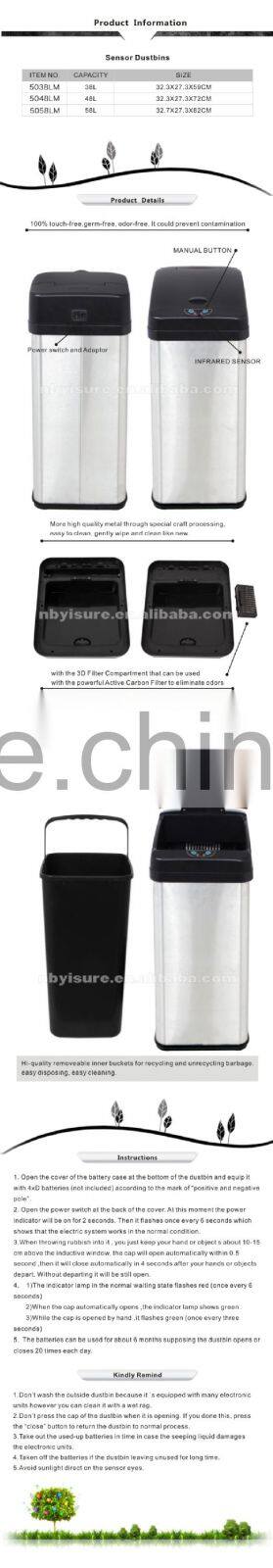 sensor dustbin 5038LM 38L Stainless Steel Sensor Bin, with black Lid