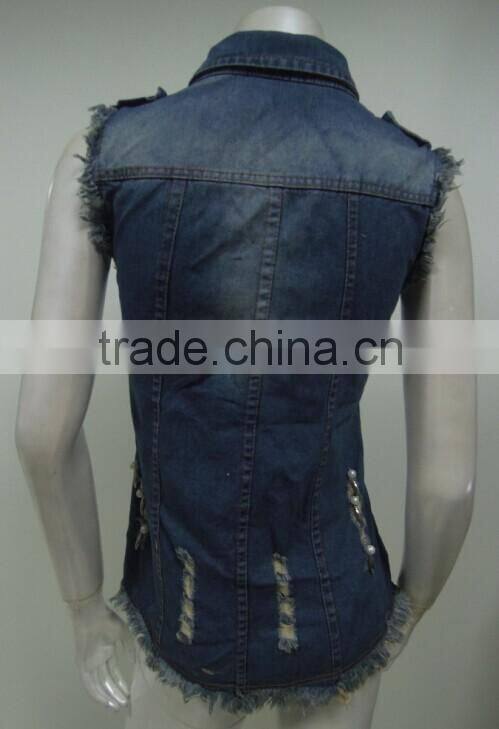 New arrival fashion destroyed Hole beads decoration sleeveless denim jacket,women sleeveless denim jacket wholesale China