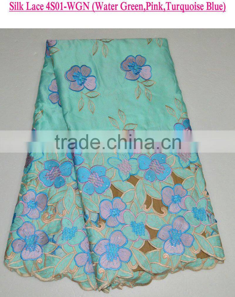 Latest design 100% polyester multicolour silk lace fabrics for party dress with a lot of stones