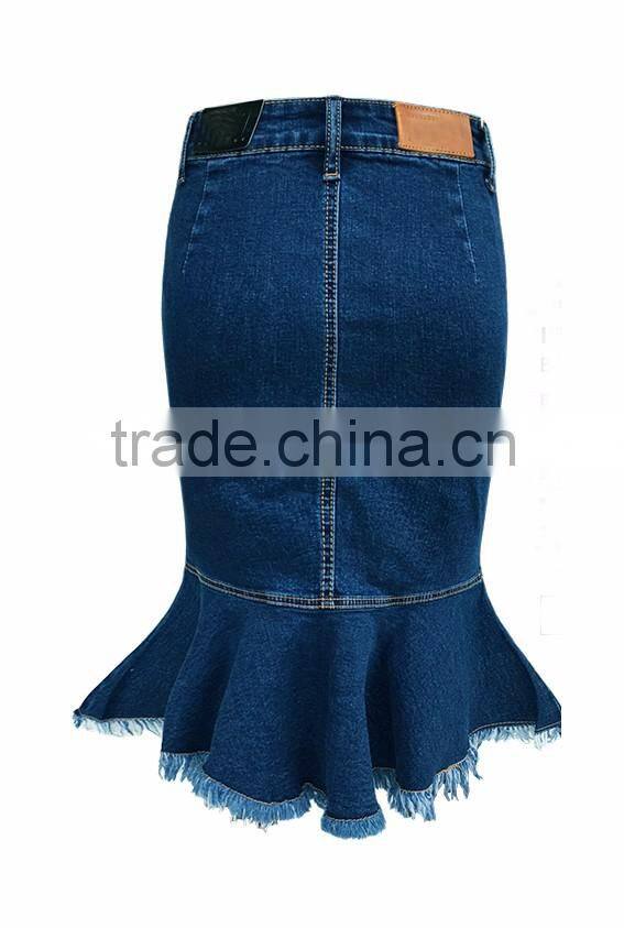 lastest design girls fashion women dark blue raw edges denim elastic jeans skirts