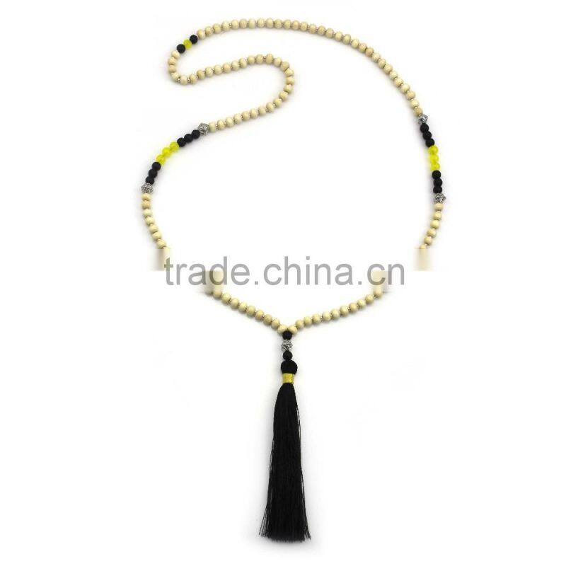 Original Natural Wood Beads Jade Stone Long Tassels Beaded Necklace