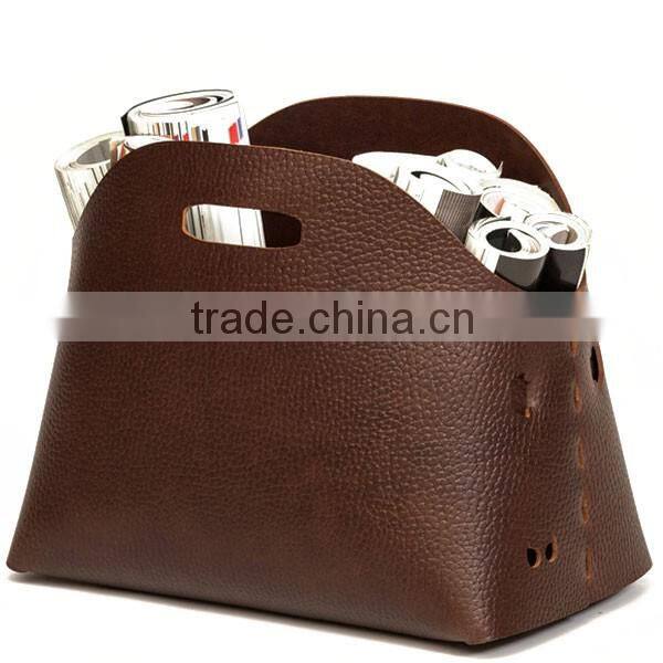 High quality leather storage basket genuine leather magazine rack leather bin