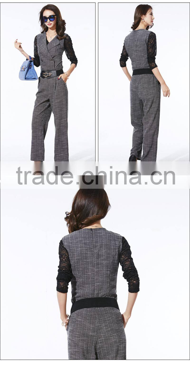 OEM 2015 Winter Lastest Design New High Waist Playsuits with Belt Fashion OL Long Romper Sleeveless Women Jumpsuits