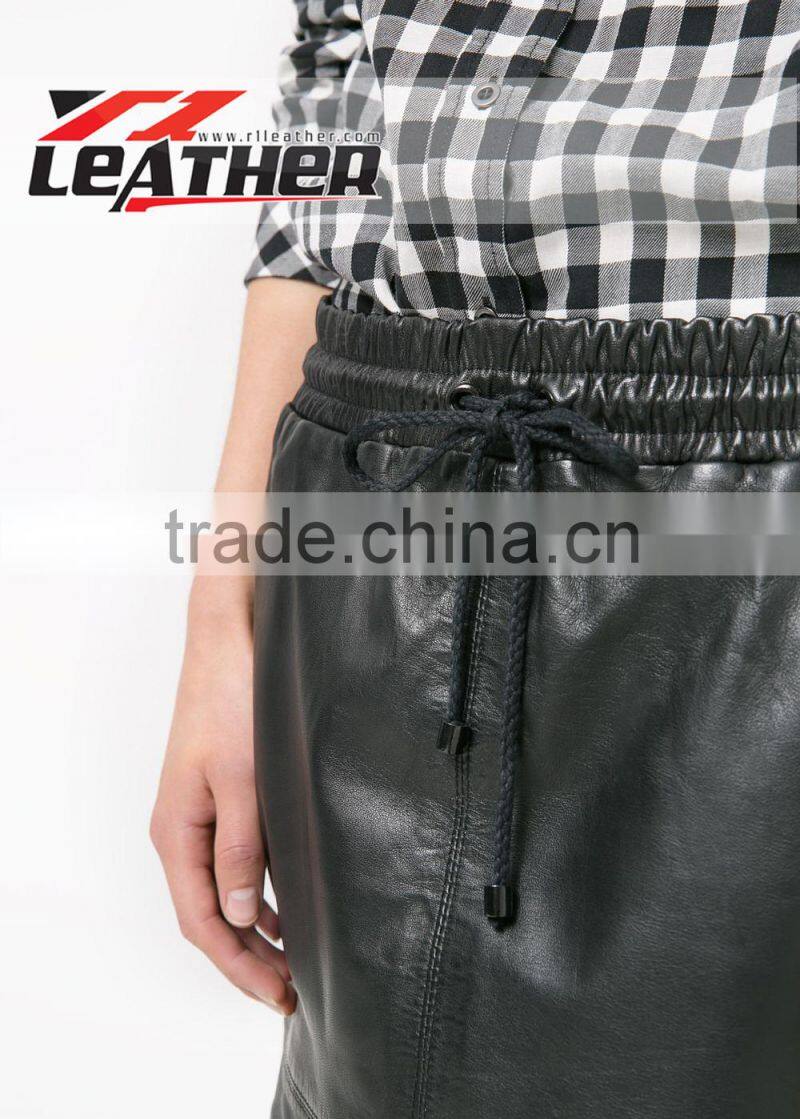 Women high quality Faux leathExposed back zipper leather pencil skirter trim skater skirt