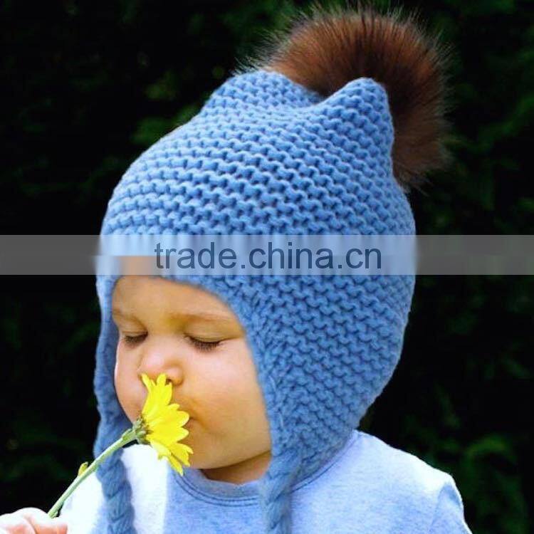 New Style Winter Warm Crochet Wool Baby Beanie Hat with Raccoon Fur Pom poms Ball/Earflaps