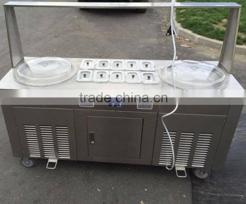 2015 new design double pans fried ice cream / frozen yogurt machine with 10 cooling topping pans