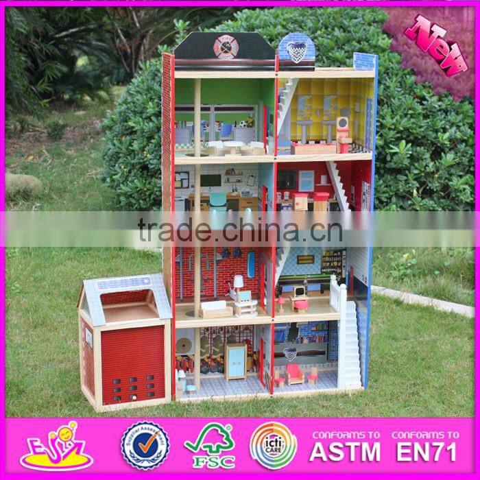 2016 New design children big wooden toy fire station for sale W06A138
