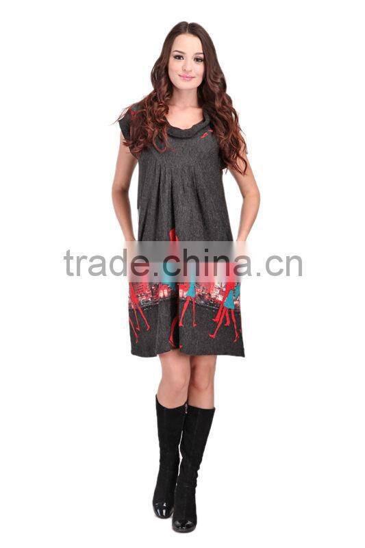 Ladies'Fashion Angora Sweater Dress With City View Pirnted