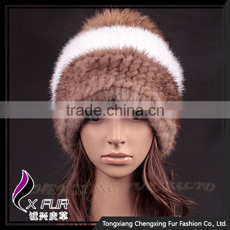 CX-C-235N New Design Knitted Animal Mink Fur Pom Pom Beanie Hats Wholesale