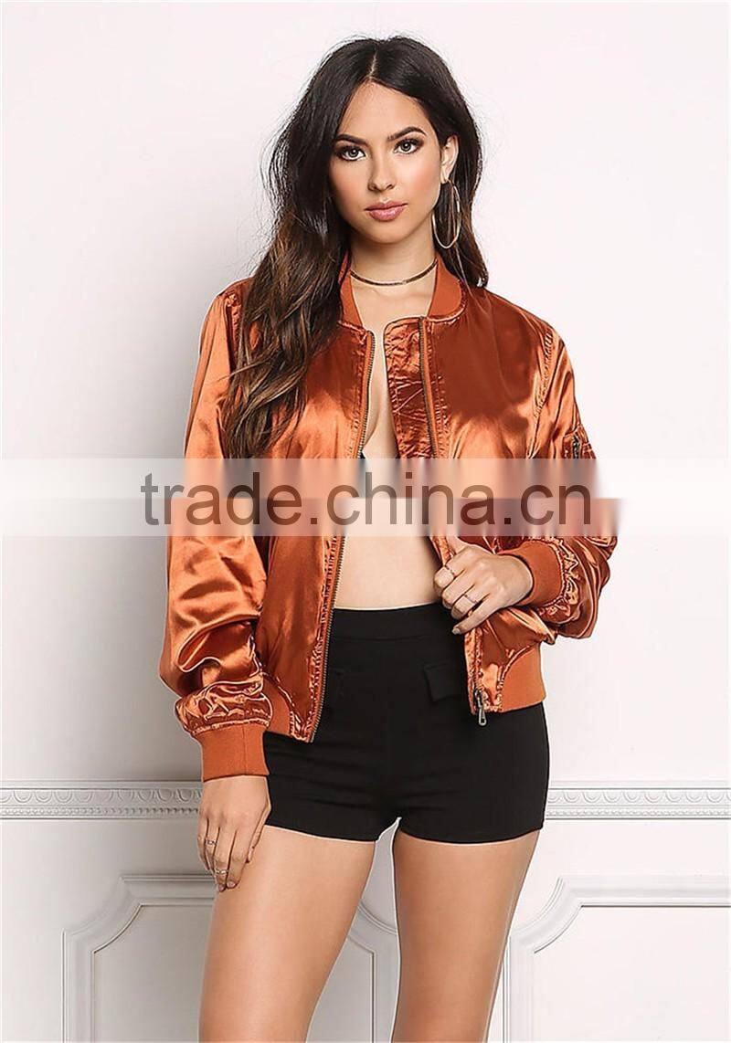 MGOO Foshan Manufacturer Cheap Price Satin Bomber Jacket For Women Shiny Custom Oversized Zip Jackets