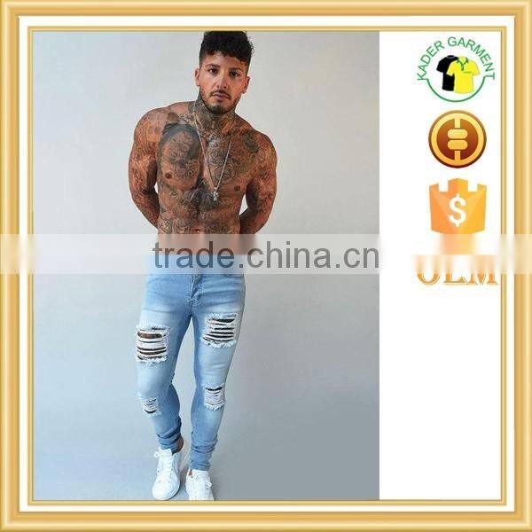 Fashion Light blue distressed jeans 2017 best quality skinny jeans wholesale China