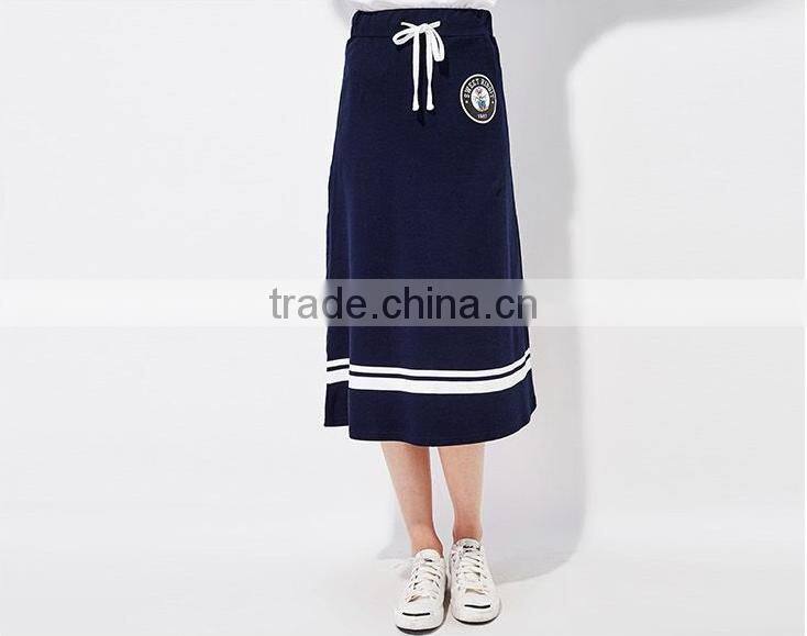 Female money navy blue printed knitted waistband draw string dress