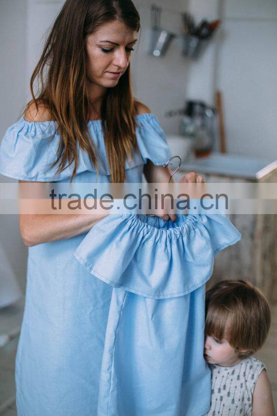Mother Daughter Matching Dress Mommy And Me Off Shoulder Top Girl Blue Dress Frill Girl