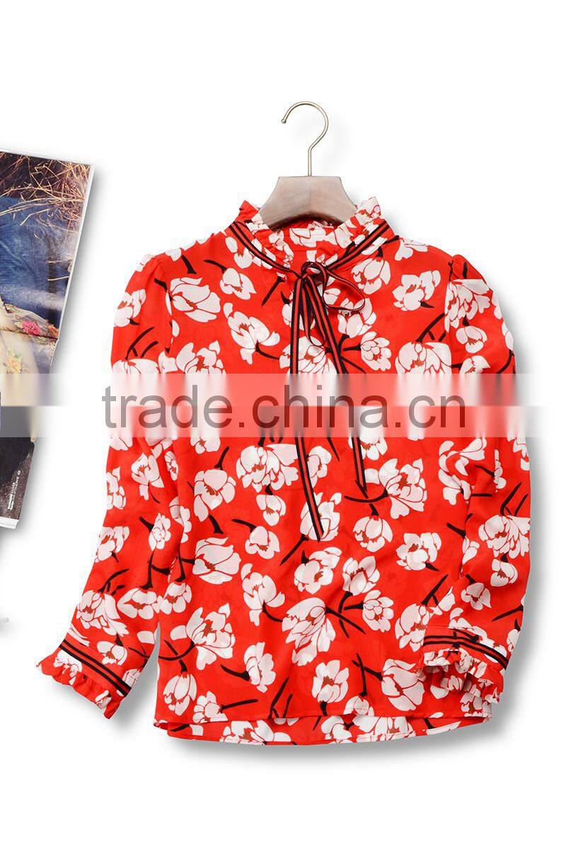 wholesale custom long sleeve silk blouse printing red floral high-necked daily top for ladies summer Blouse