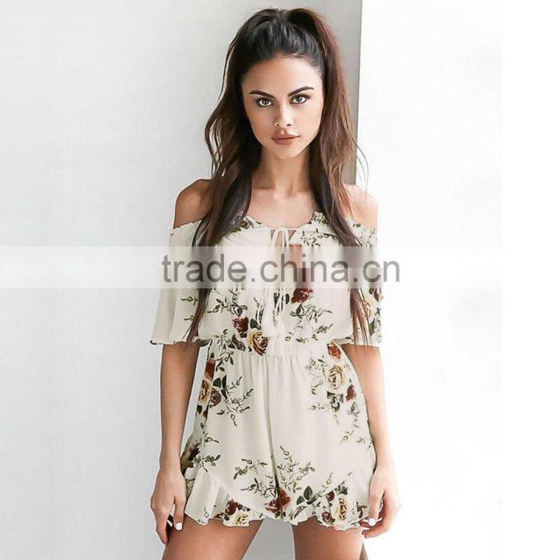 Drop shipping floral off shoulder one piece adult fashion short jumpsuit for wholesale 2017