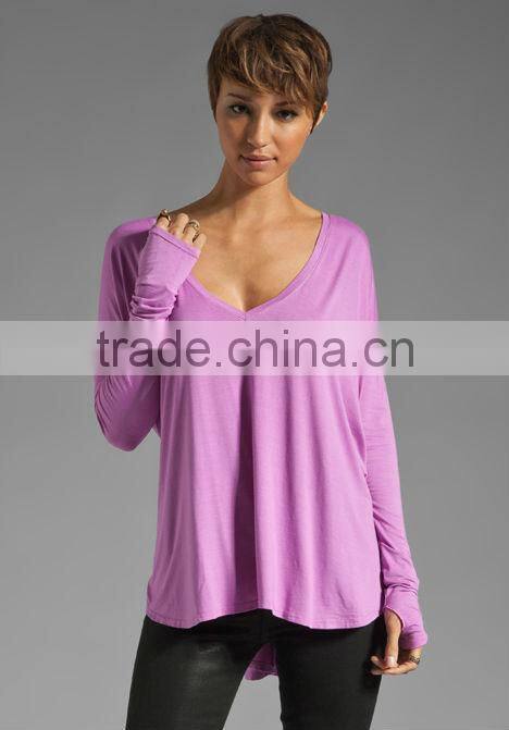 long sleeve deep v neck wholesale lady t-shirts with thumb holes