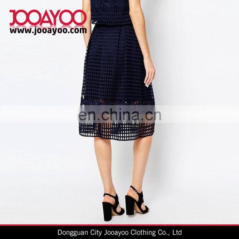 Navy Floral Embroidered Mesh Lace Crochet Full Midi Skirt