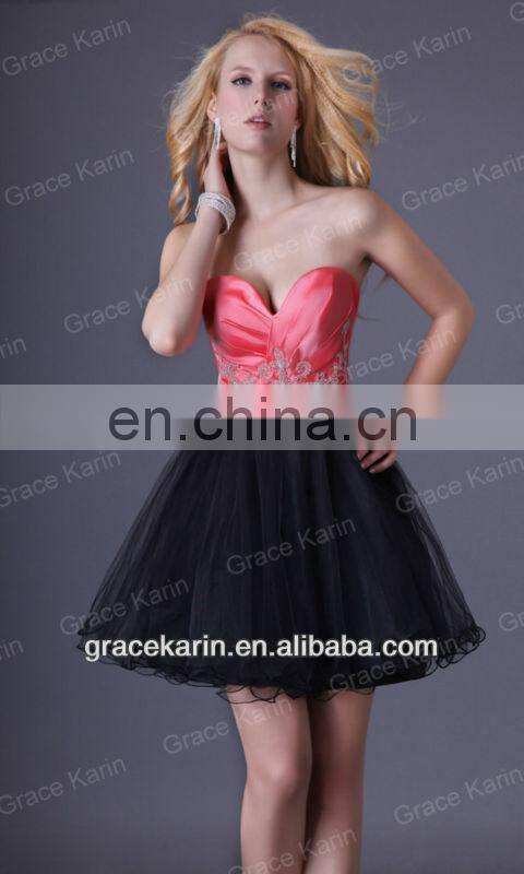2015 Short Mini Cocktail Dress Grace Karin Strapless Sweetheart Black Watermelon Cocktail Party Dress CL3824