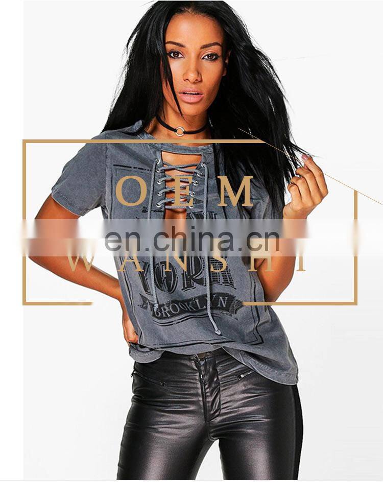 High quality 100% cotton short sleeve washed printed women t shirt