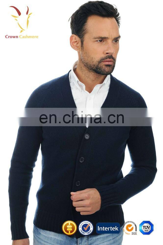 V Neck Men Cardigan Sweater Cashmere Knitted Cardigan With Elbow Patch