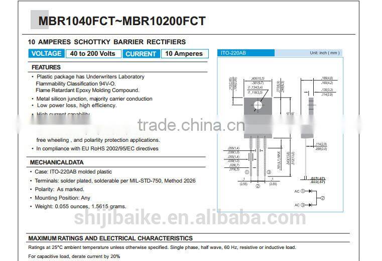 MBR10200FCT Schottky Barrier Rectifier 10A 200V TO-220F