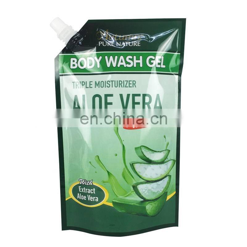 Plastic stand up nylon pouch packing body wash goat milk gel liquid packaging spout bag with cap