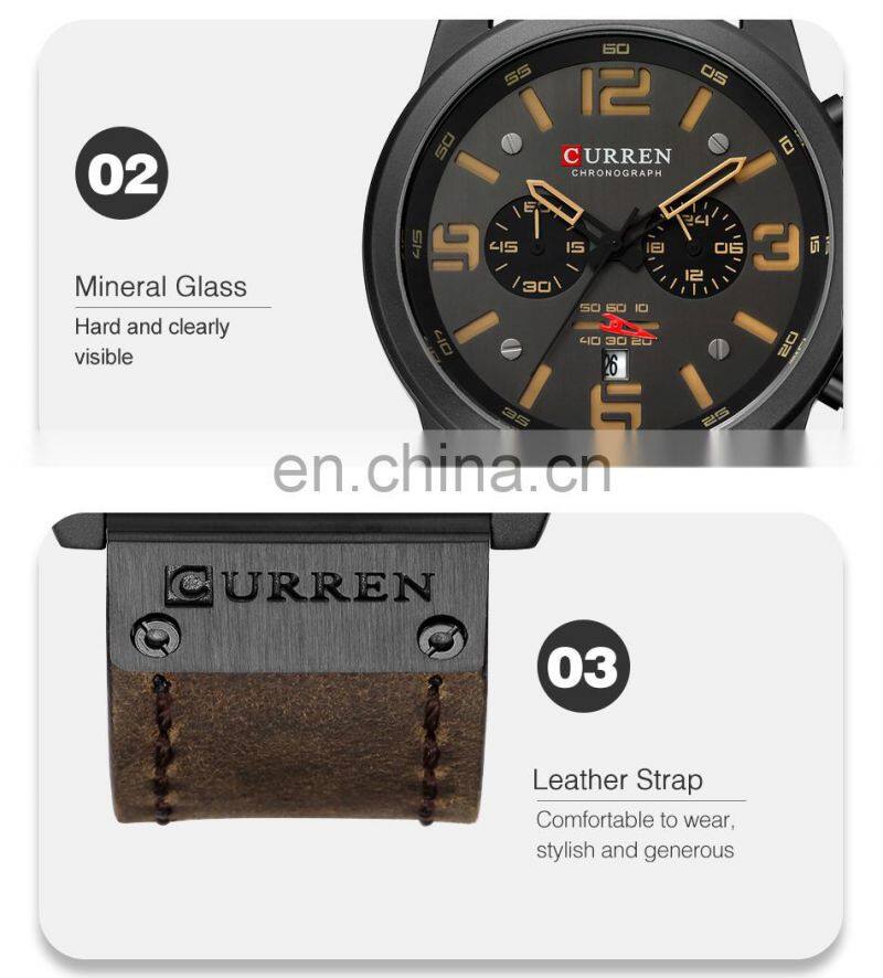 CURREN Mens Watches Top Luxury Brand Waterproof Sport Wrist Watch Chronograph Quartz Military Genuine Leather Relogio Masculino
