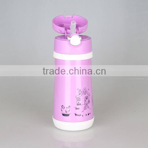 Double wall pink vacuum flask for kids with inner cap straw and carabiner vacuum flask