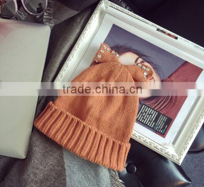 Fashion Charm Ladies Rhinestone Jewelry Pearl Bowknot Ear Cap Hat Beanie