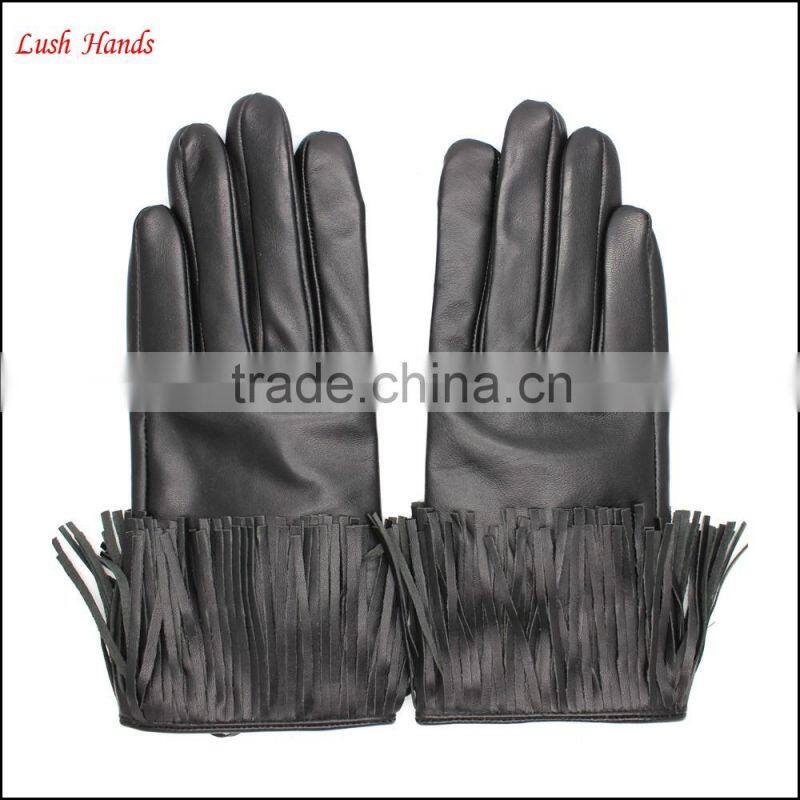 Fashion index finger touch screen black tassels leather gloves women