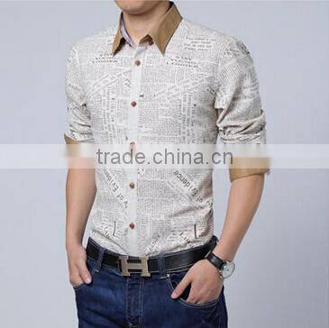 European Style Coffee Button English Words Printed Men Long Shirt