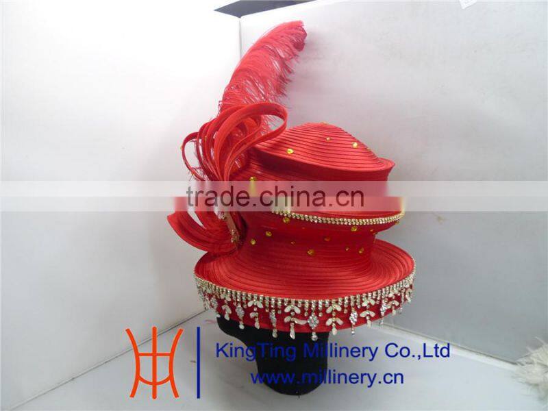Wholesale Hat Suppliers Red Fancy Church Hat With Big Feather BM-5015