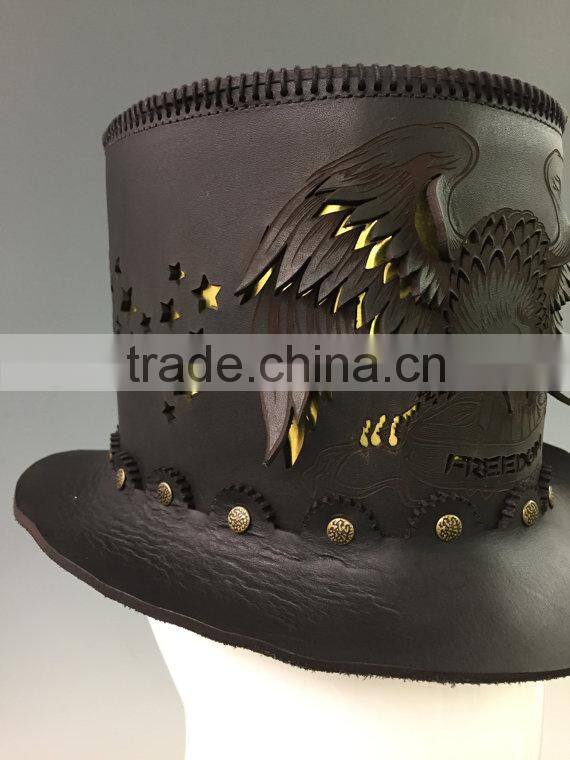 Black leather Victorian Corset style / Steampunk / Gothic / Emo style Top Hat w. solid metal bat badge