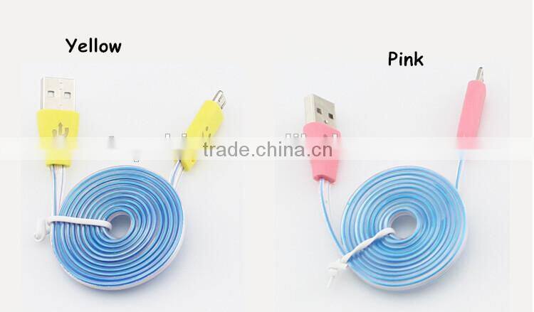 Mix Color Flashing Visible Luminous Smiling Face Micro USB Cable LED Glow Sync Data Charger Cables, Noodle Cables for Samsung