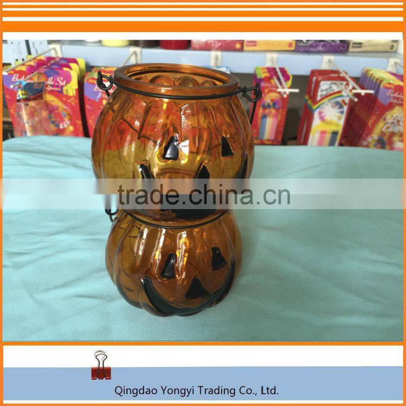 Halloween Pumpkin Yellow Glass Jar Candle For Decoration
