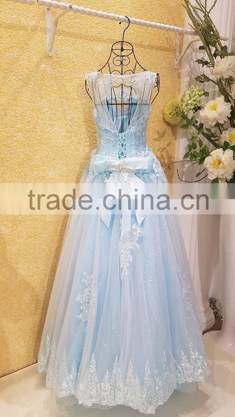 Free Shipping Real Sample Light Blue Beading Evening Dresses 2016 Crystal Flower Applique Open Back Bow Sash Party Gown ML183