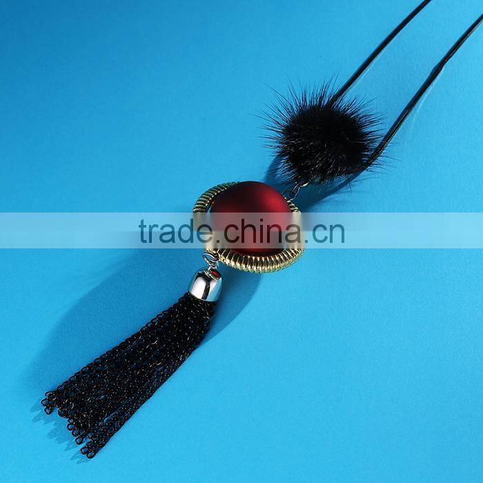 red bead gold hoop pendant long chain necklace black chain tassel necklace pompon necklace