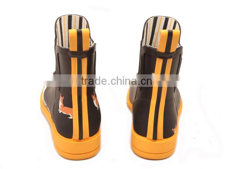 black upper yellow rubber outsole lovely dog printed chelsea style elastic gore new style girls rain boot shoes wellies