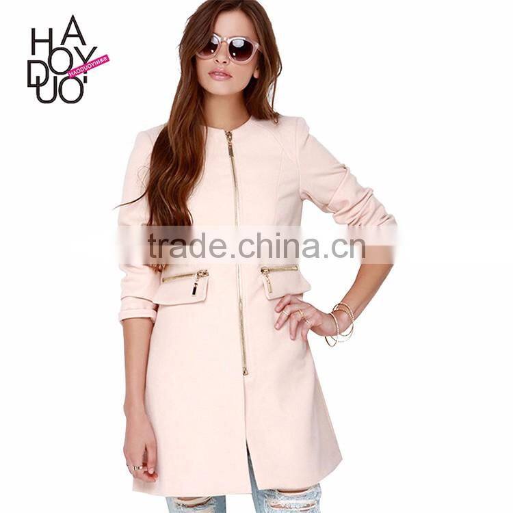 HAODUOYI Women Autumn Contrast OL Round Neck Long Line Trench Coat Outwear