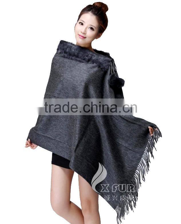 CX-B-P-34A Fur Trimmed Cape Fashion Fur Pashmina Shawl
