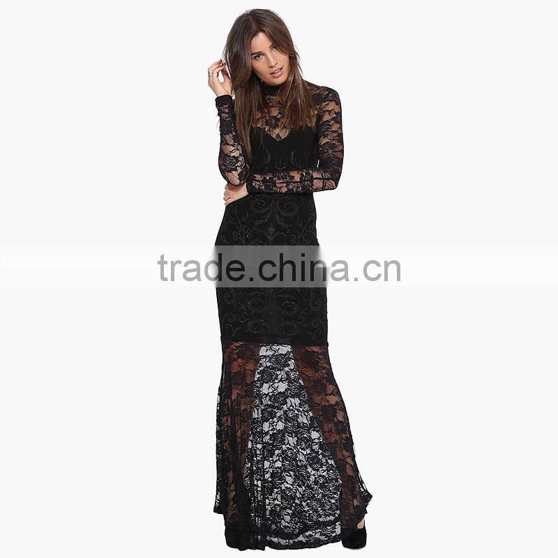 MGOO Fast Selling 2015 OEM/ODM Hollow Out Lace Dress Black Sheath Maxi Dress Long Sleeve Prom Dress D662