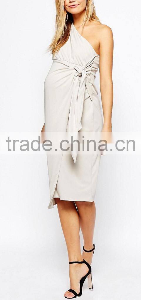 Fashion Maternity Drape Knot Front One Shoulder Midi Pencil Pregnant Party Dress