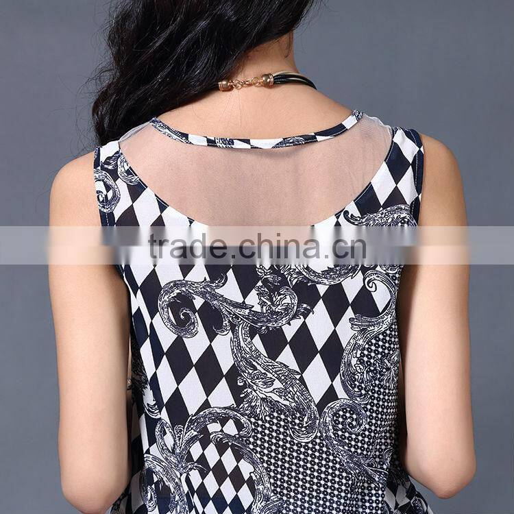 2017 wholesale black pattern print see through shoulder sleeveless blouse