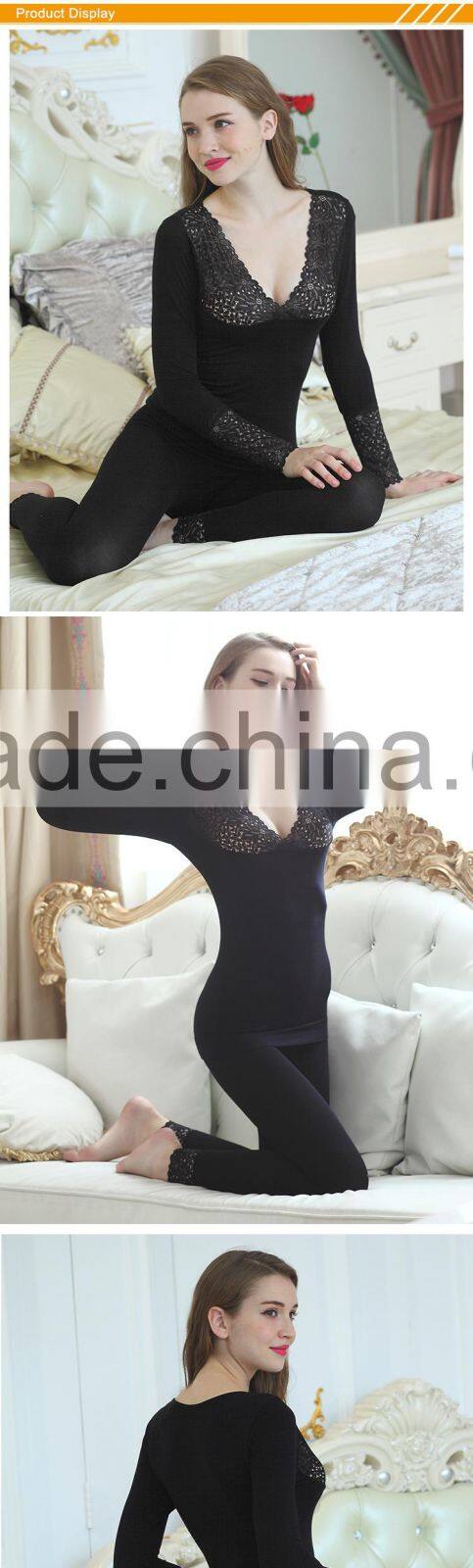 Hsz-TU005 V-neck Nylon Lace Top Ladies Winter Thick Underwear Wholesale Female Thermal Underwear