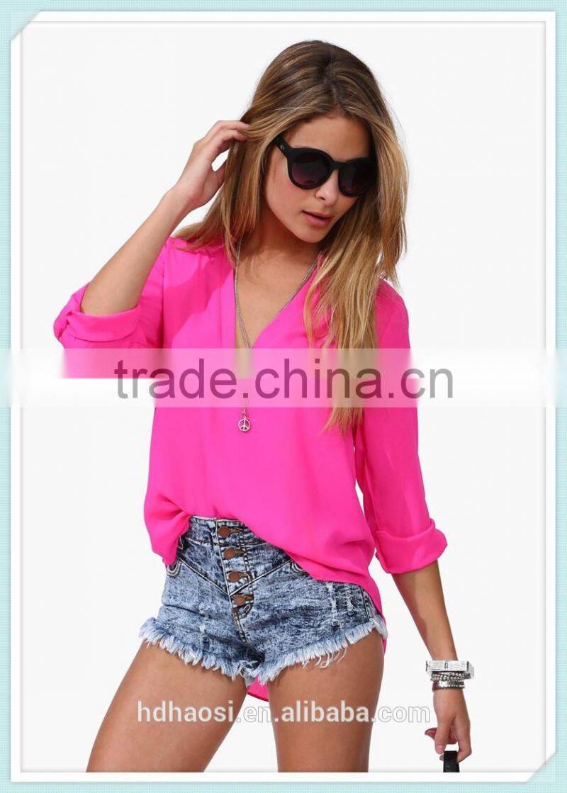 Customized New Fashion Cheap long sleeved Chiffon Blouse Women's Loose Casual Sexy Chiffon V-Neck Blouse shirts