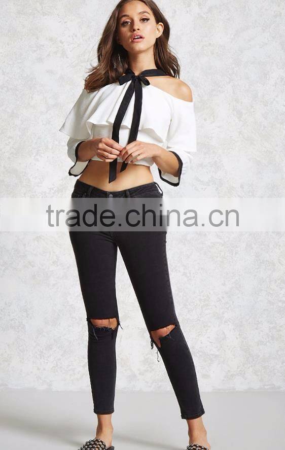 flare sleeve high waist crop top off shoulder self-tie front tops