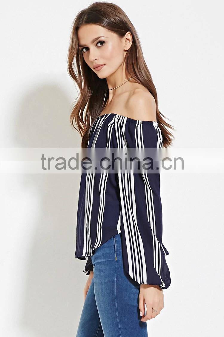 2016 hot sale yarn dyed cotton summer fashion off shoulder long sleeve ready made blouse