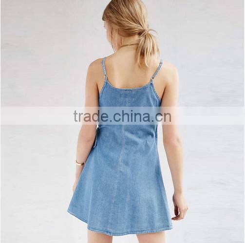 Apparel Denim Sexy Blue Plunge Neck Dress Spaghetti Strap Sashes Wrap Dresses Backless Sleeveless Street A-line Dress
