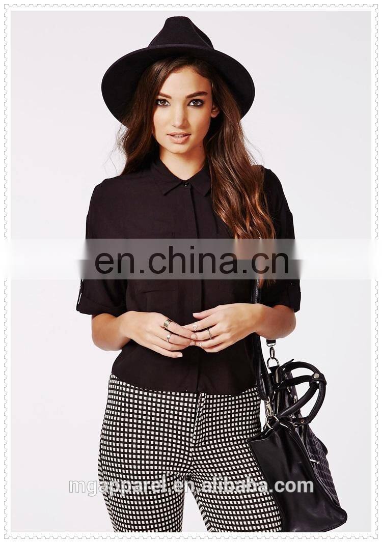 New fashion ladies plain black cropped blouse simple designs